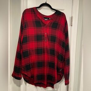 NWT Eddie Bauer Size L Red Black Soft Plaid Flannel Button Collarless Tunic Top